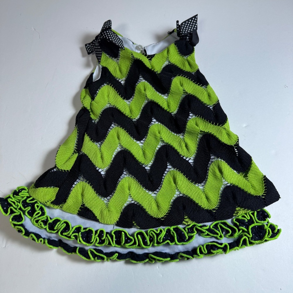 Bonnie Baby Lime Green Black Chevron Crochet Ruffle Dress 18M